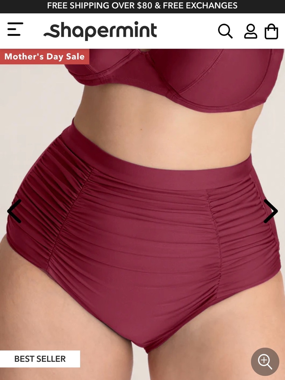 Shapermint High-Waist Ruched Bikini Bottoms — Wine Red